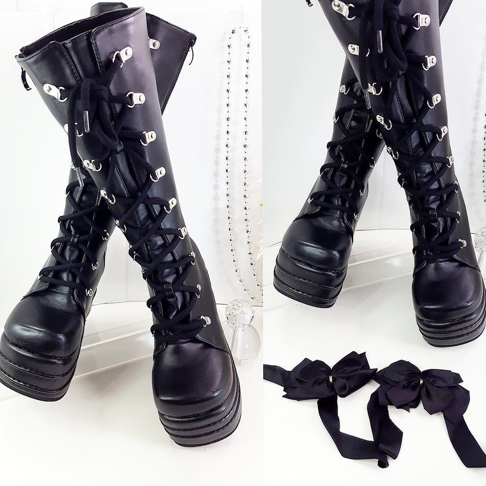 Platform🔥Wedge Knee High Tall Boots| Black☆ Lace Up
